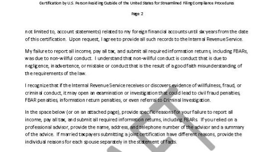 Certification by US Taxpayer Residing Overseas - Streamlined P2